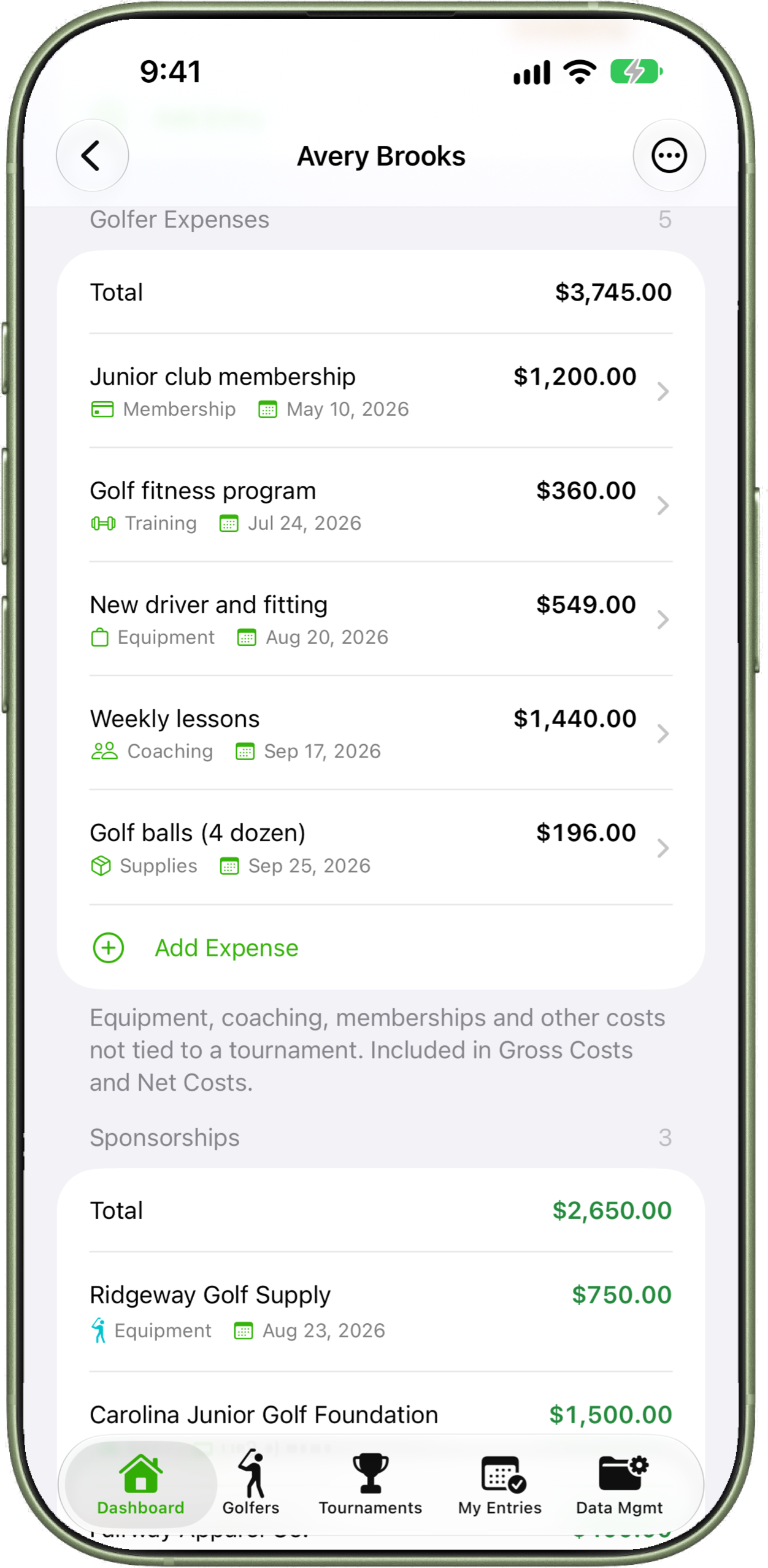 iphone 17 sage golfer expenses
